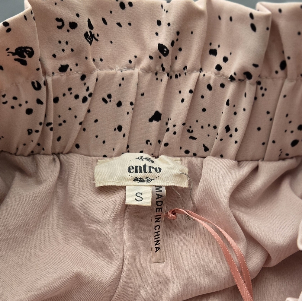 ENTRO Soft Pink Black Splatter Print Wide Leg Paper Bag Belted Palazzo Pants - Picture 9 of 15